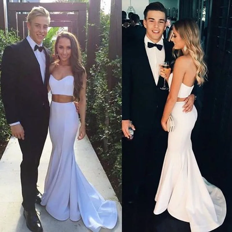 2 Pieces Sweetheart Neck Mermaid White Long Prom Dresses, White Formal Dresses, Evening Dresses