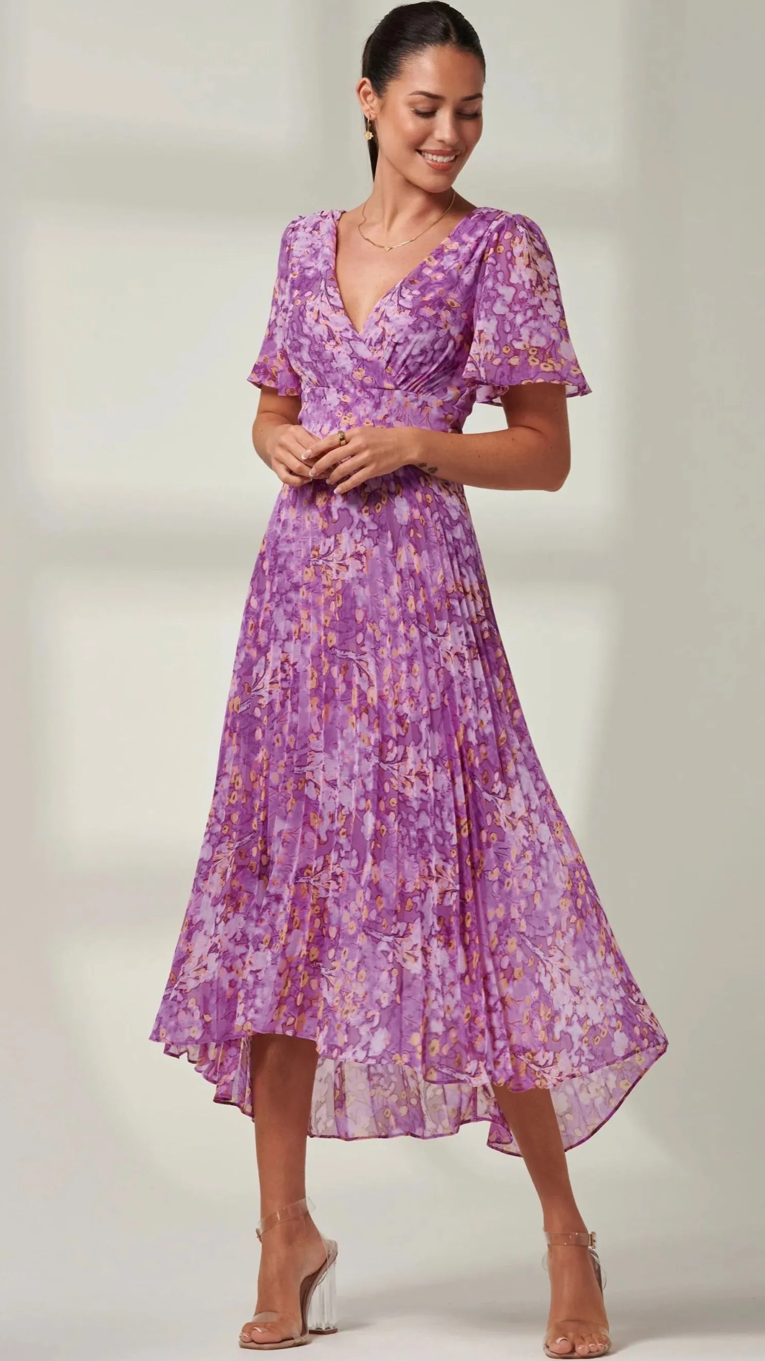 5-A1647 Vanya Purple Print Pleat Dress