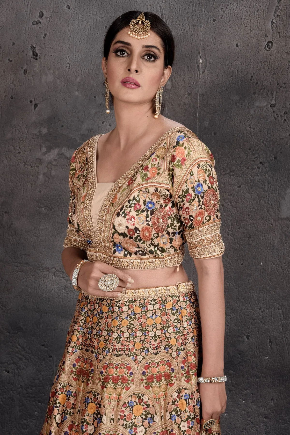 503017 Beige Printed and Embroidered Lehenga with Dupatta