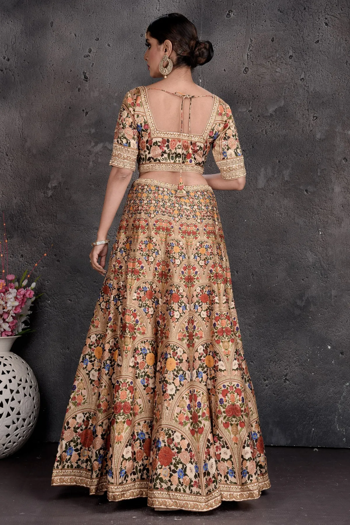 503017 Beige Printed and Embroidered Lehenga with Dupatta