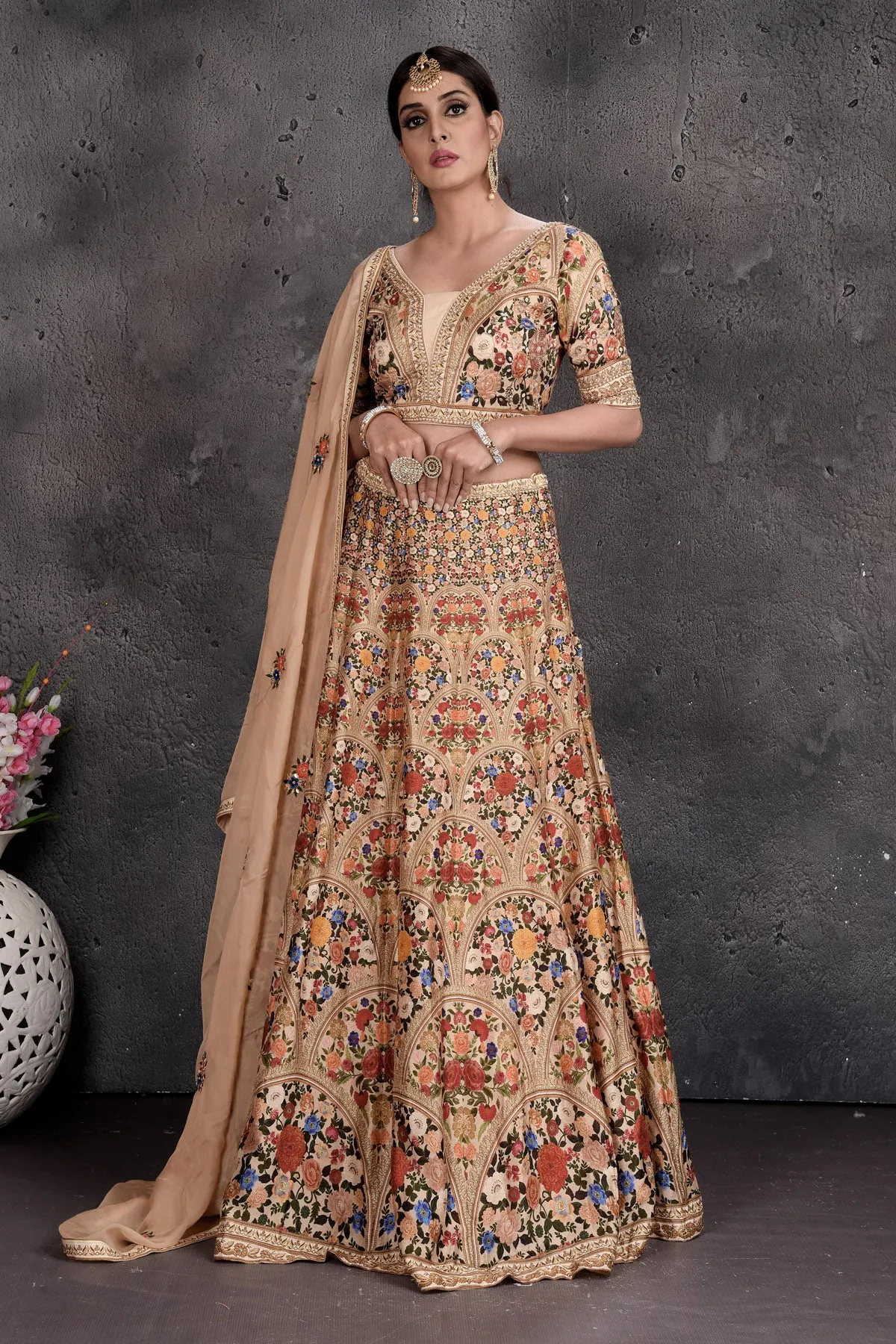 503017 Beige Printed and Embroidered Lehenga with Dupatta