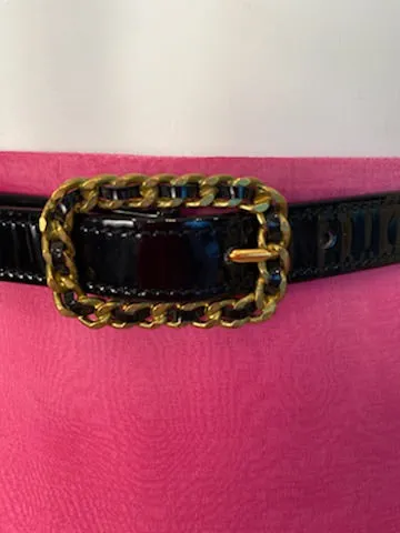 95P Chanel Vintage Skinny Black Patent Leather Woven Gold Chain Belt Sz Small