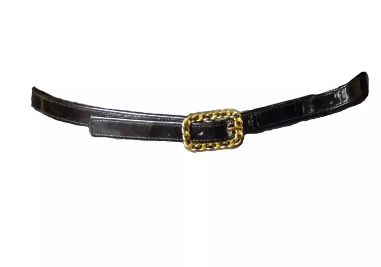 95P Chanel Vintage Skinny Black Patent Leather Woven Gold Chain Belt Sz Small