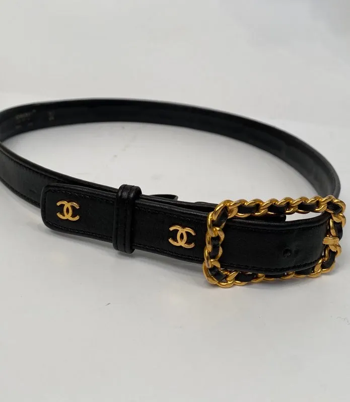 96C Chanel Vintage Rare Black Leather CC Logos Belt Sz 65/26 US 2/4