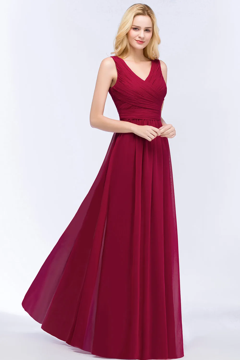 A-line Chiffon V-Neck Sleeveless Ruffles Long Backless Bridesmaid Dress