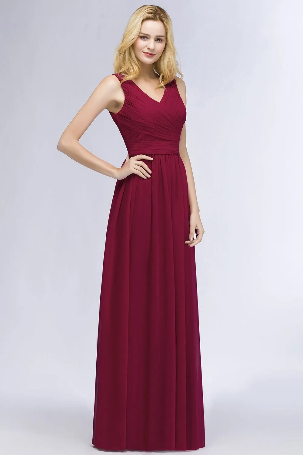 A-line Chiffon V-Neck Sleeveless Ruffles Long Backless Bridesmaid Dress