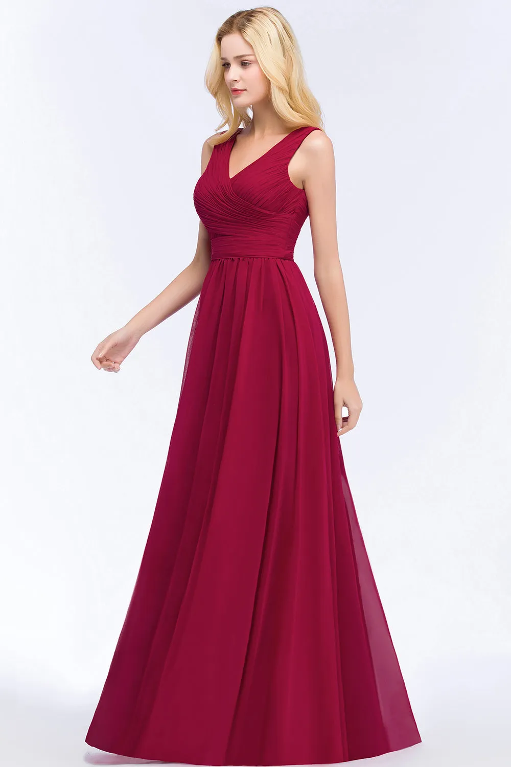 A-line Chiffon V-Neck Sleeveless Ruffles Long Backless Bridesmaid Dress