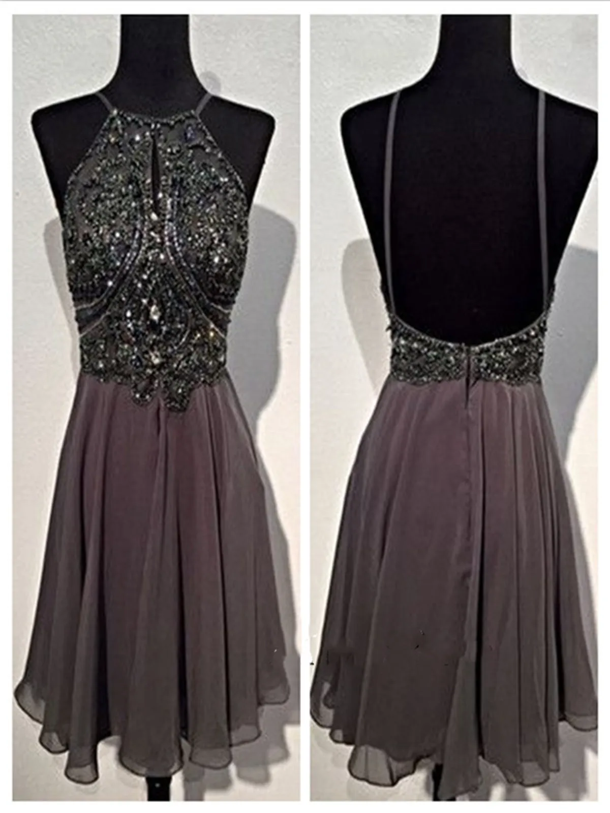 A Line Round Neck Short Grey Backless Prom Dress, Short Grey Backless Formal Dress, Homecoming Dress, Graduation Dress