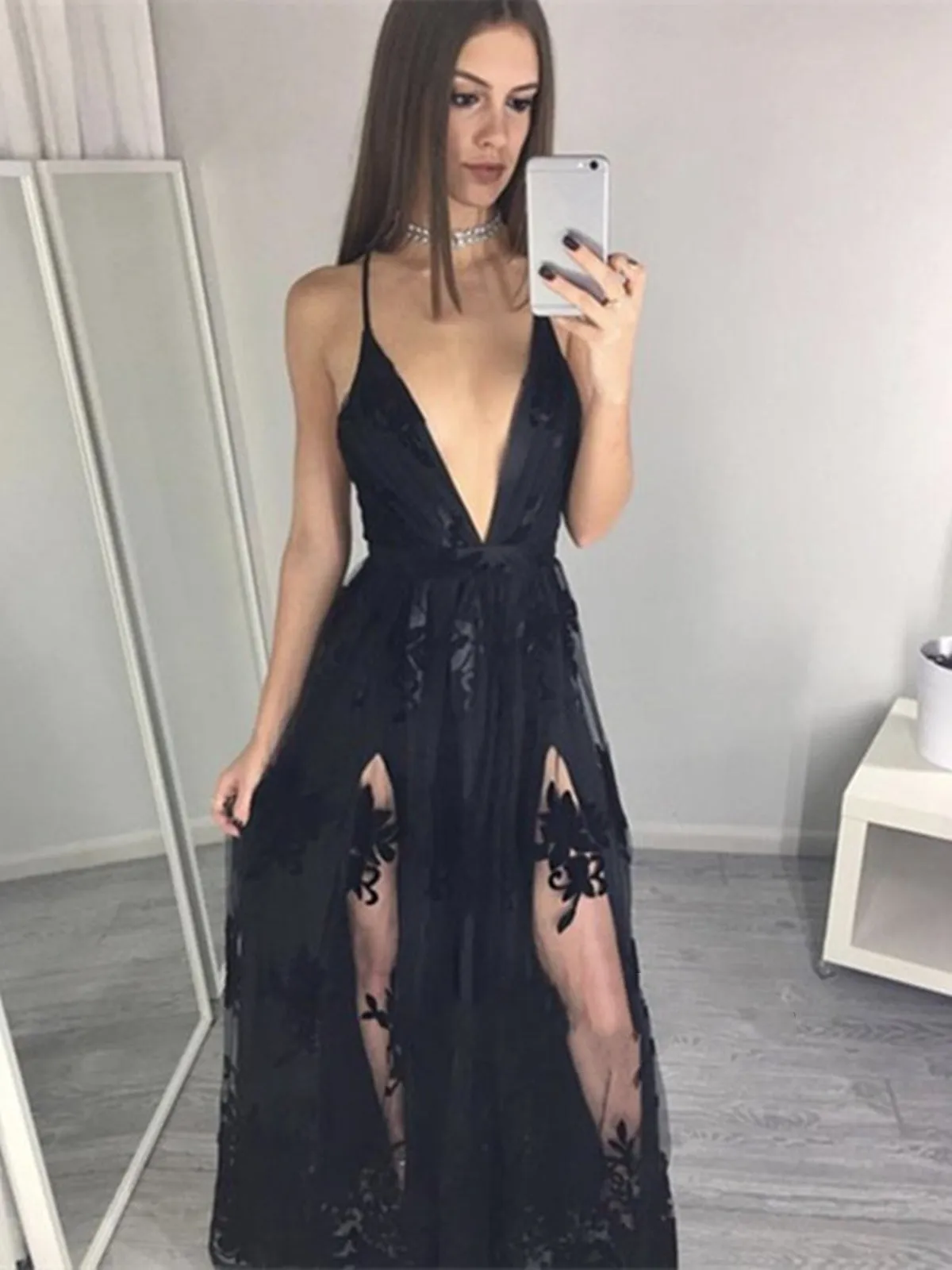 A Line V Neck Flowers Lace Black Prom Dresses, V Neck Lace Formal Dresses, Black Evening Dresses