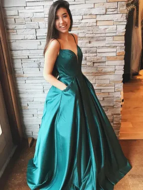 A Line V Neck Long Prom Dresses with Pockets Satin Formal Evening Dresses