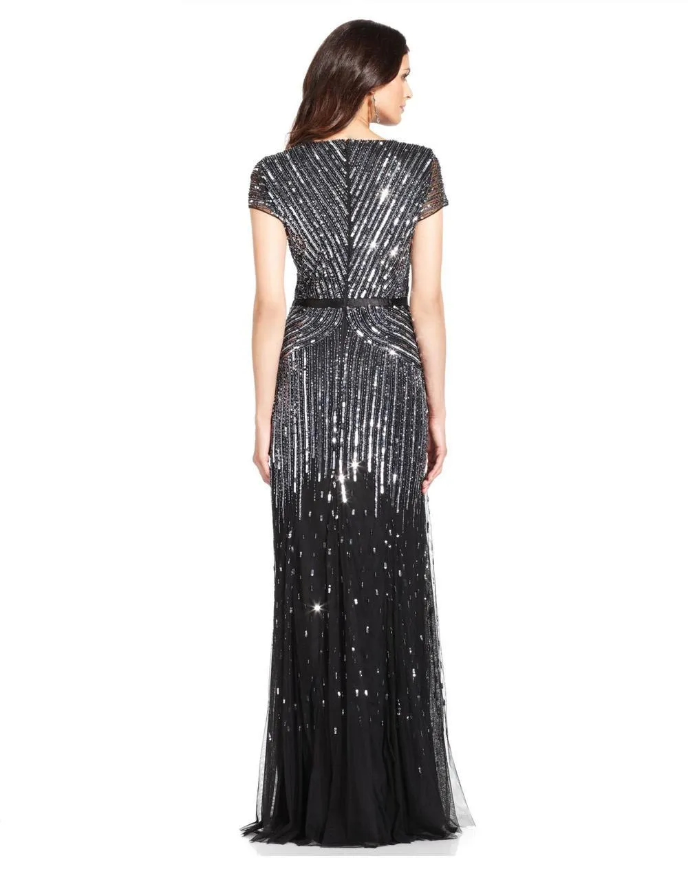 Adrianna Papell - V-Neckline Sequined Mesh Long Dress 62868950