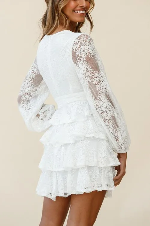 Balloon Sleeve Tiered Frill Lace Dres