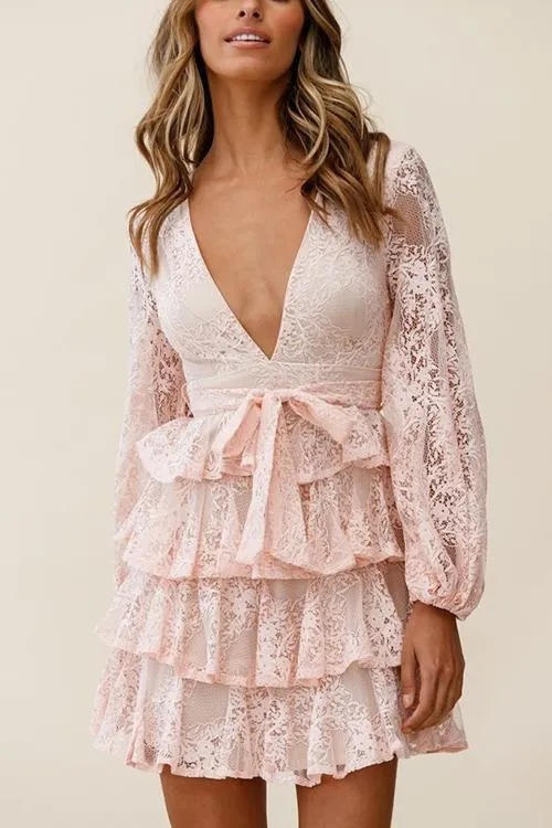 Balloon Sleeve Tiered Frill Lace Dres