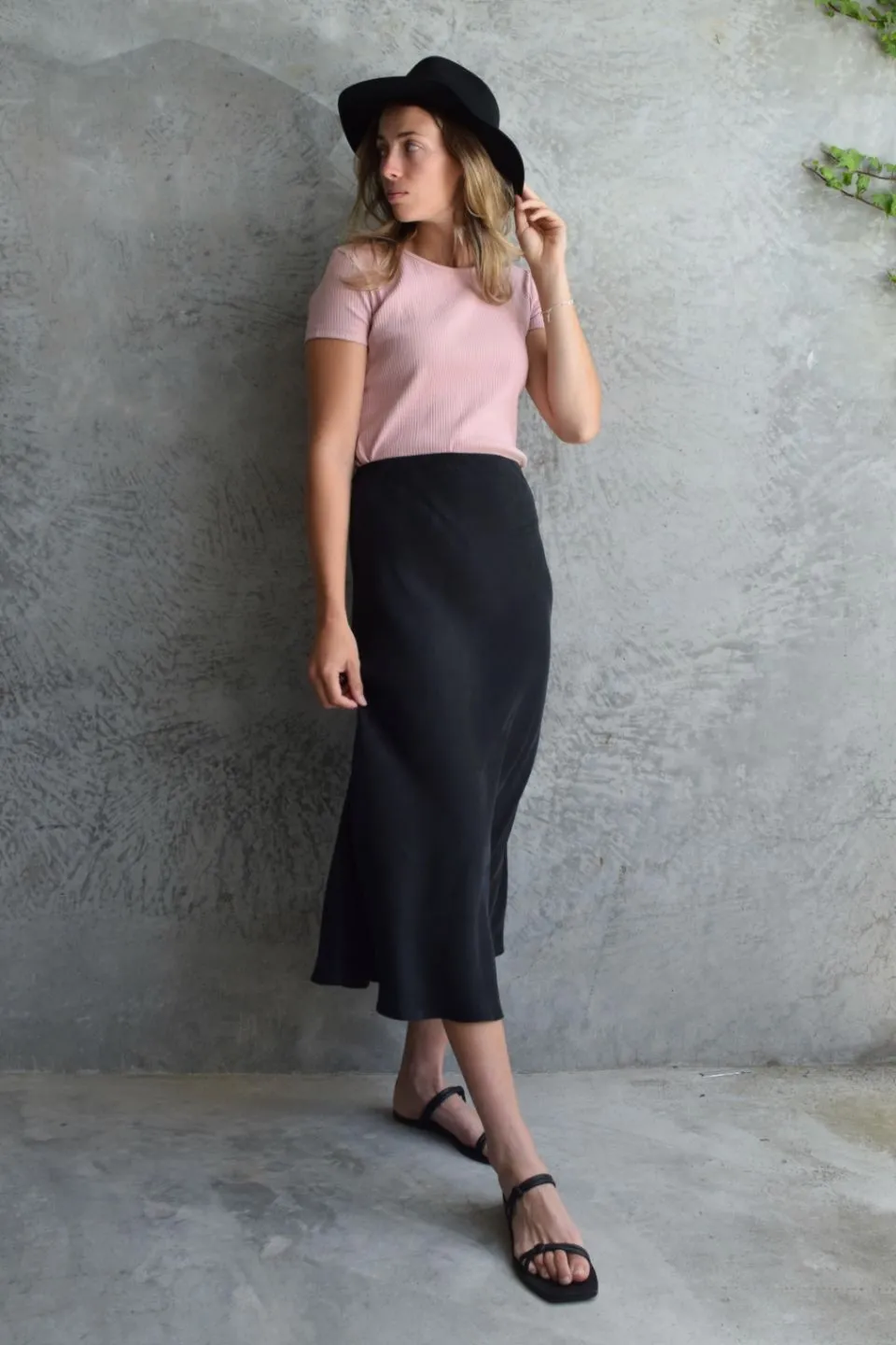 Beyond Black Cupro Bias Cut Midi Skirt