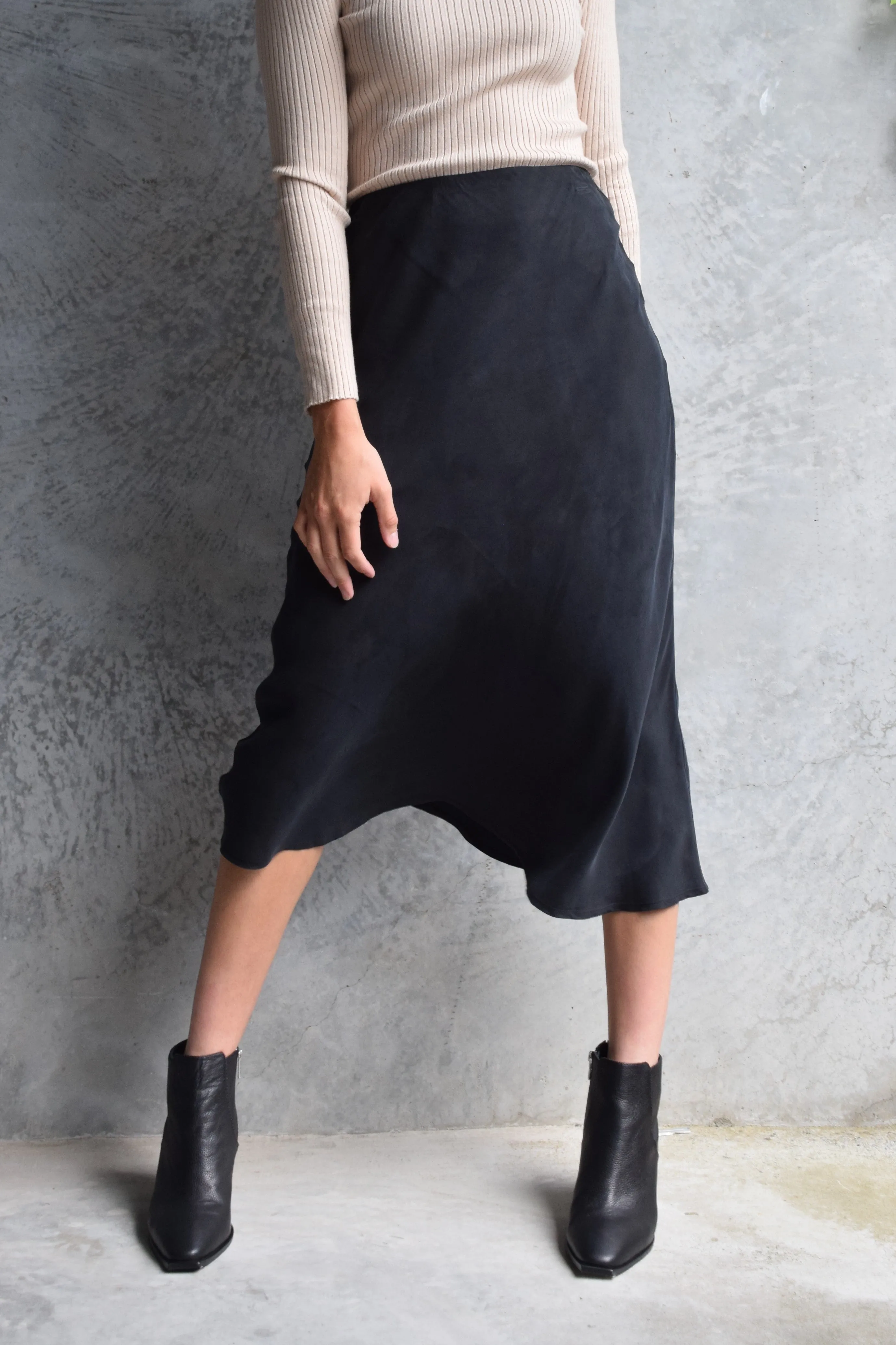 Beyond Black Cupro Bias Cut Midi Skirt