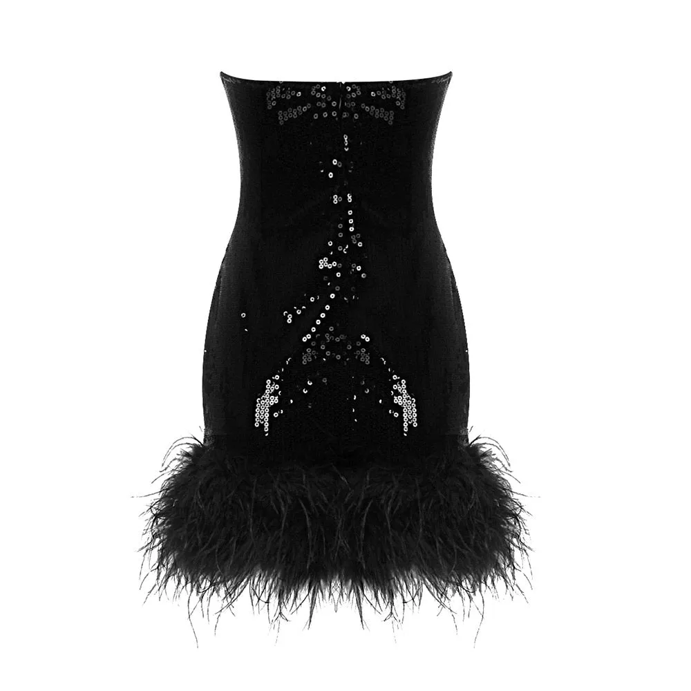 Black Backless Feather Sequins Mini Dress