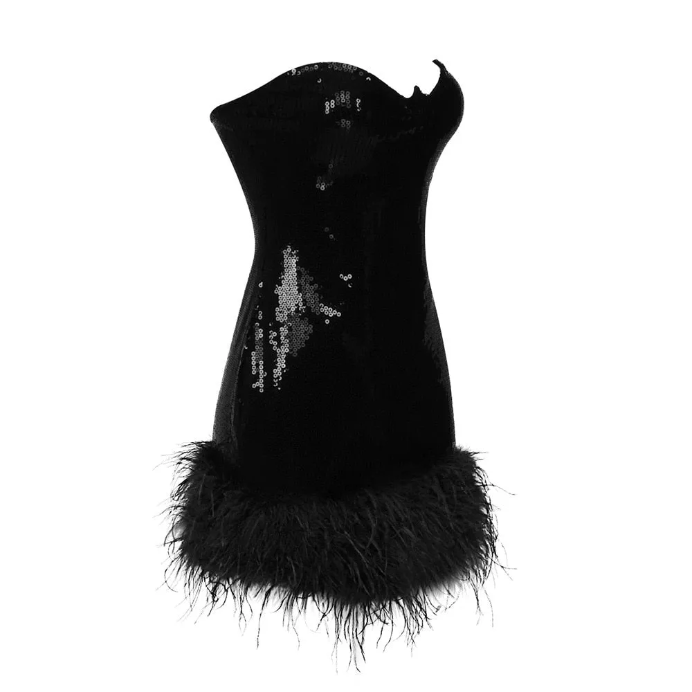 Black Backless Feather Sequins Mini Dress