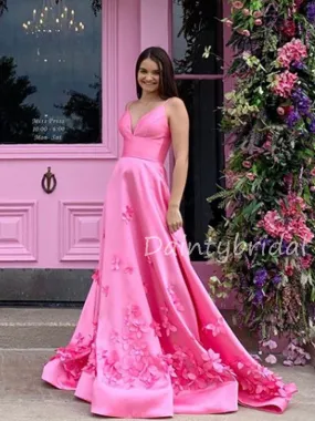 Charming V-neck Satin A-line Lace Up Back Long Prom Dresses Evening Dresses.DB10570