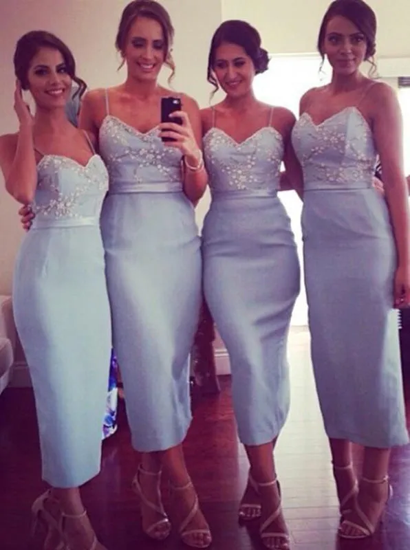 Chic Sheath Spaghetti Straps Ankle-Length Light Blue Bridesmaid Dresses