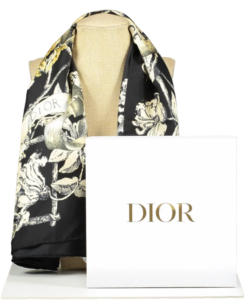 Christian Dior Black & Gold 100% Silk Print Scarf One Size