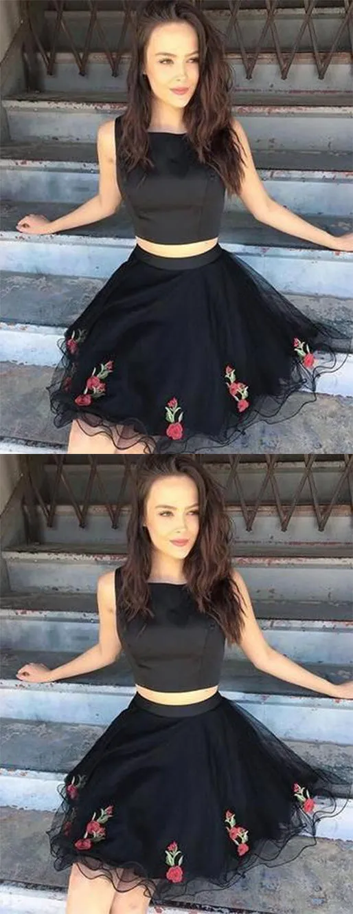 Cute Two Piece With Appliques Little Black Dresses Homecoming Dresses