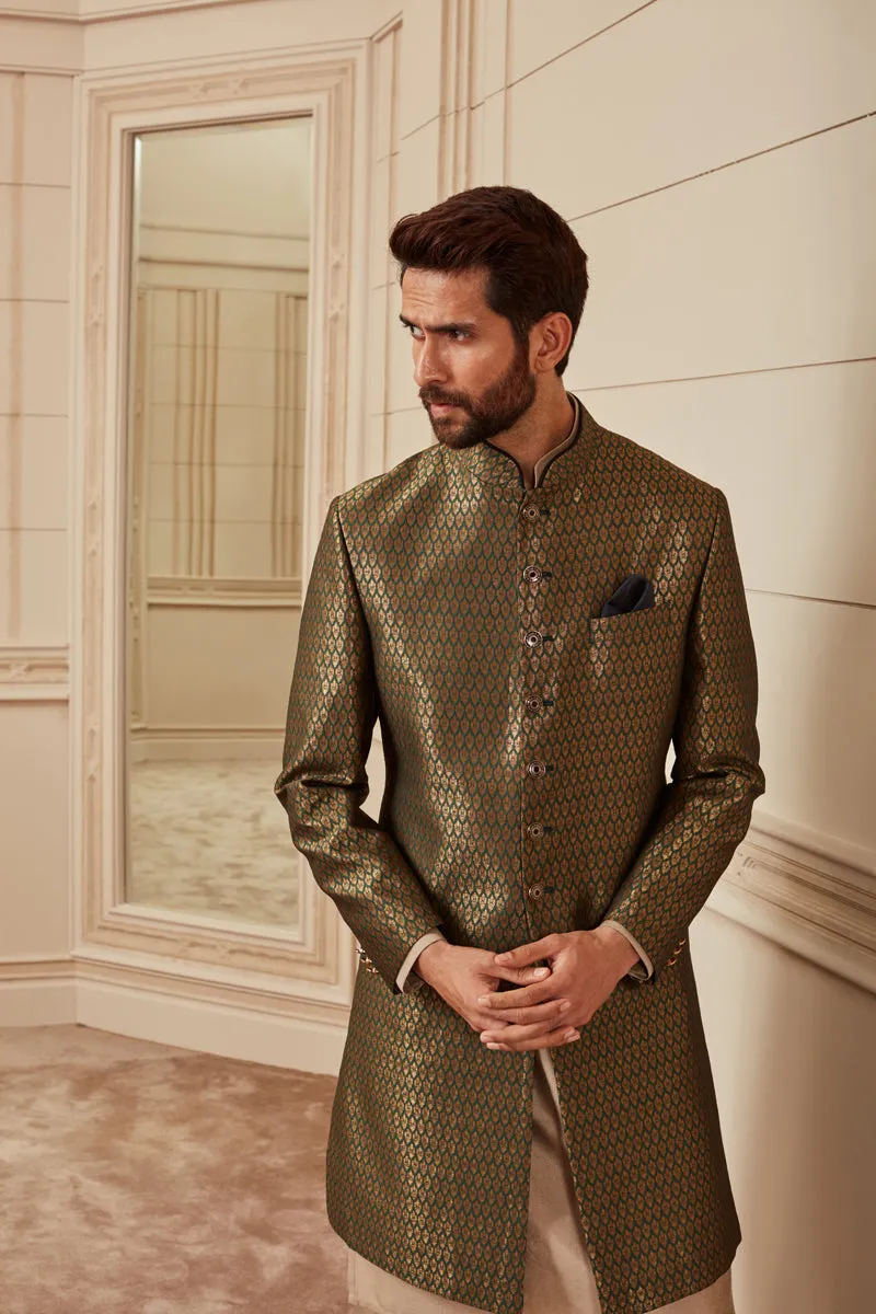 Dark Green Brocade Achkan