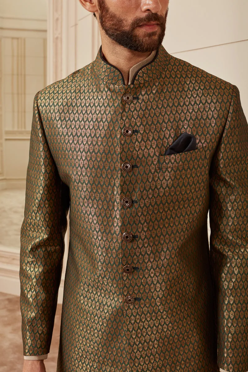 Dark Green Brocade Achkan