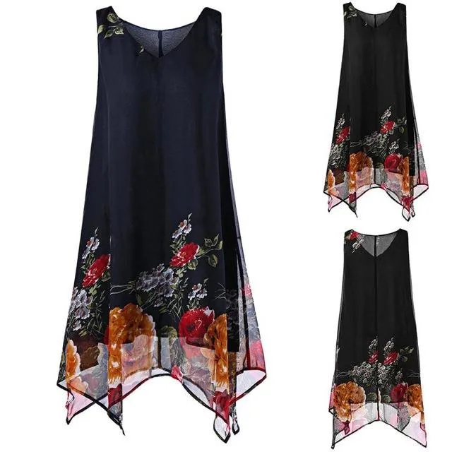 Dress Floral Print Chiffon Sleeveless Irregular Hem