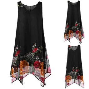 Dress Floral Print Chiffon Sleeveless Irregular Hem