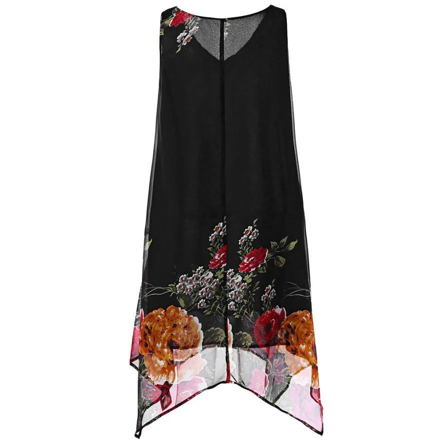 Dress Floral Print Chiffon Sleeveless Irregular Hem