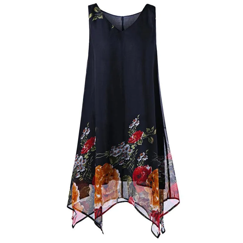 Dress Floral Print Chiffon Sleeveless Irregular Hem