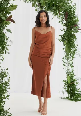 Estelle Ruched Satin Slip Dress - Rust