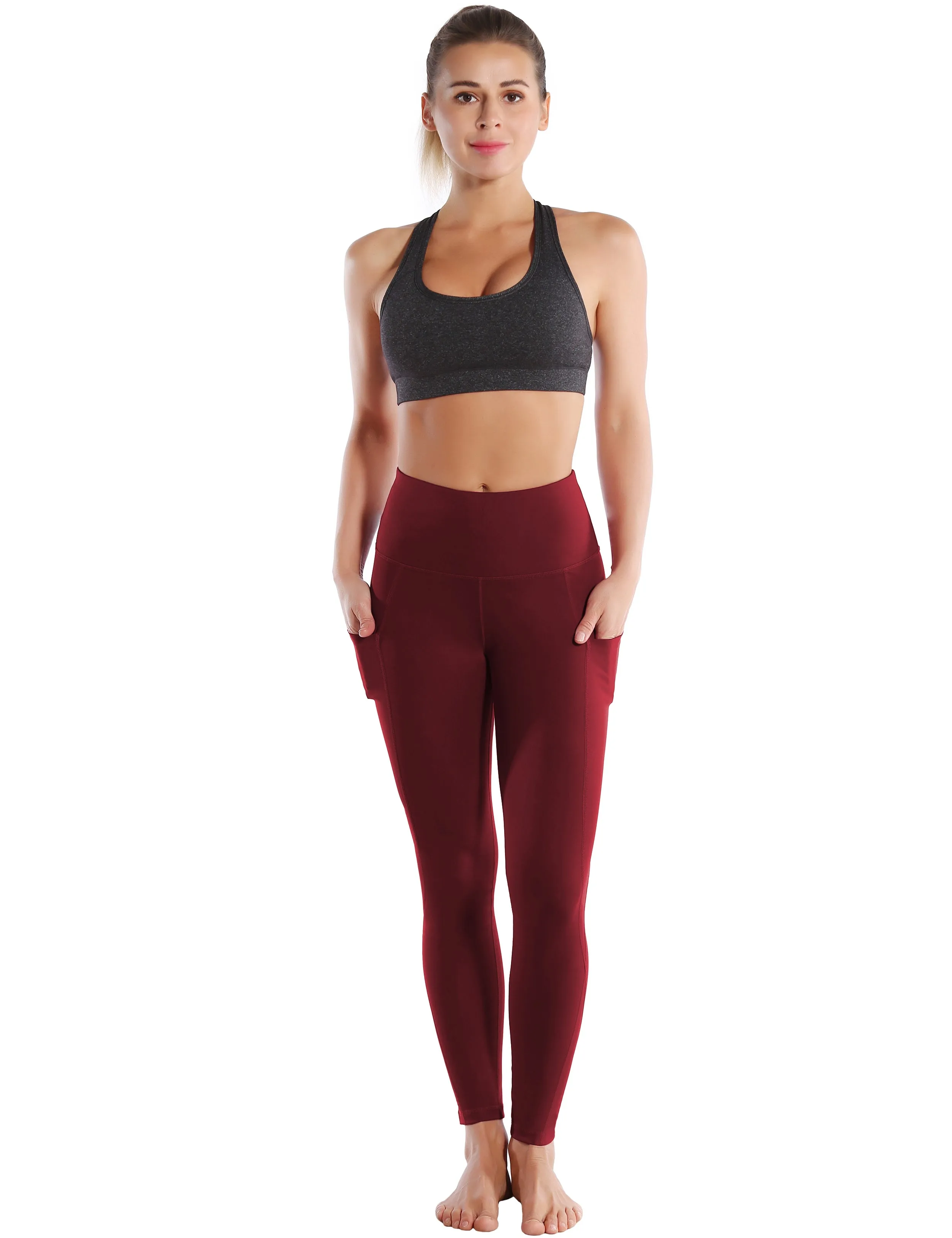 High Waist Side Pockets Yoga Pants cherryred