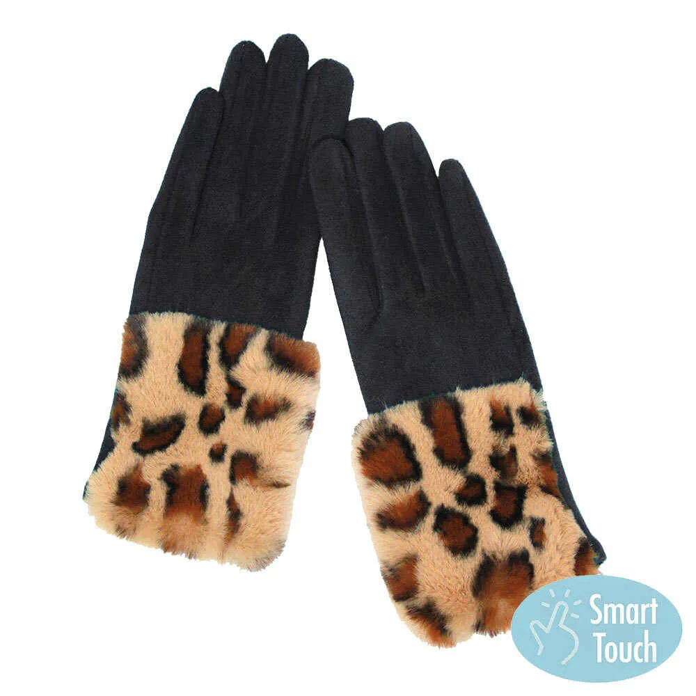 Leopard Pattern Faux Fur Cuff Faux Suede Smart Gloves