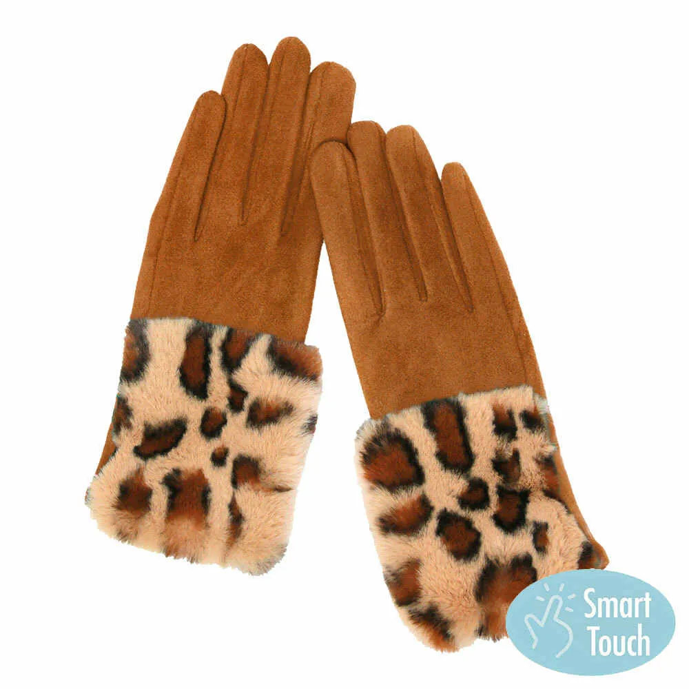 Leopard Pattern Faux Fur Cuff Faux Suede Smart Gloves