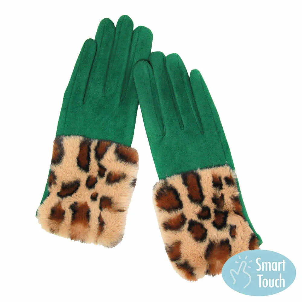 Leopard Pattern Faux Fur Cuff Faux Suede Smart Gloves