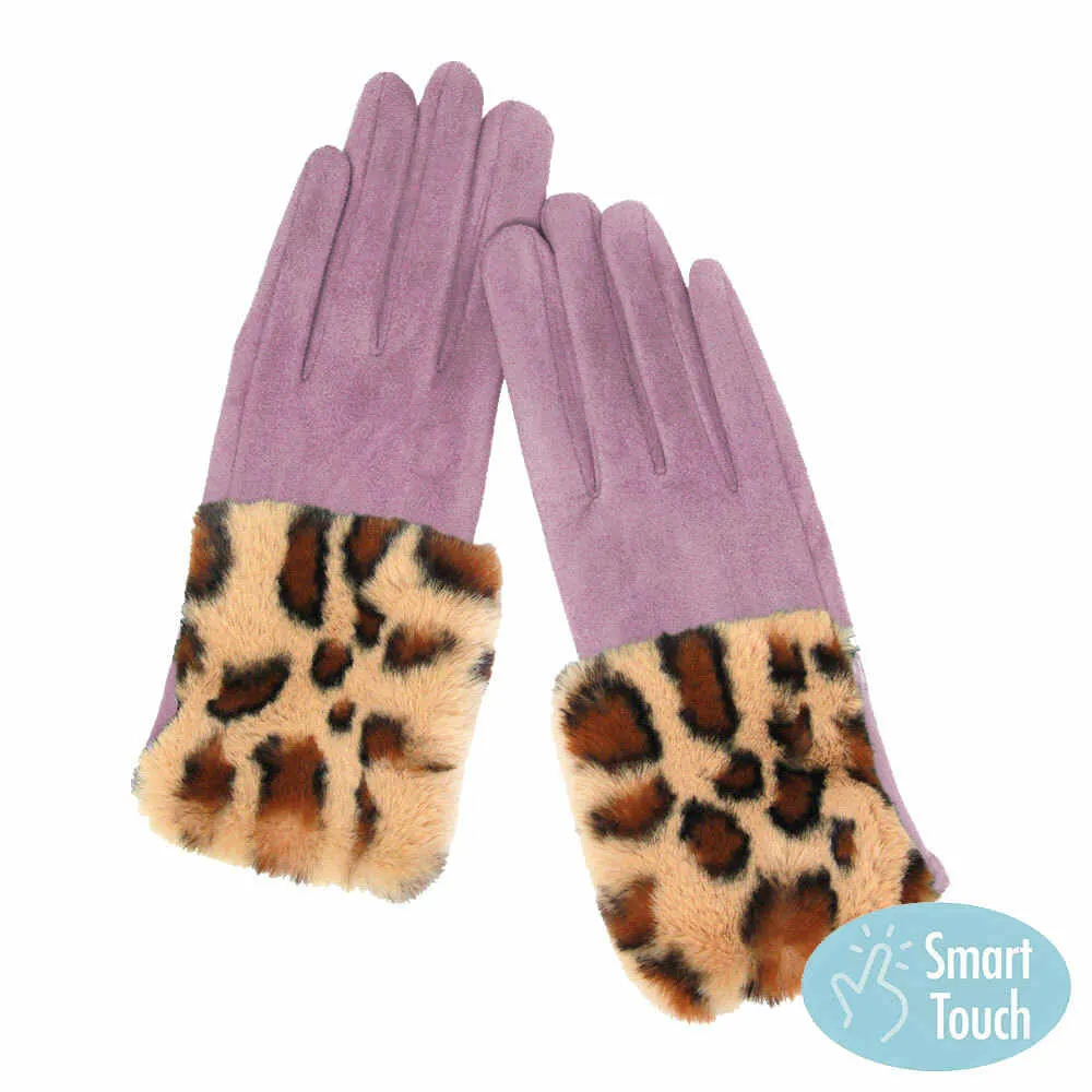 Leopard Pattern Faux Fur Cuff Faux Suede Smart Gloves