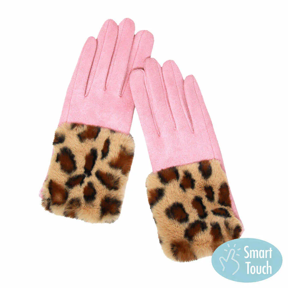 Leopard Pattern Faux Fur Cuff Faux Suede Smart Gloves