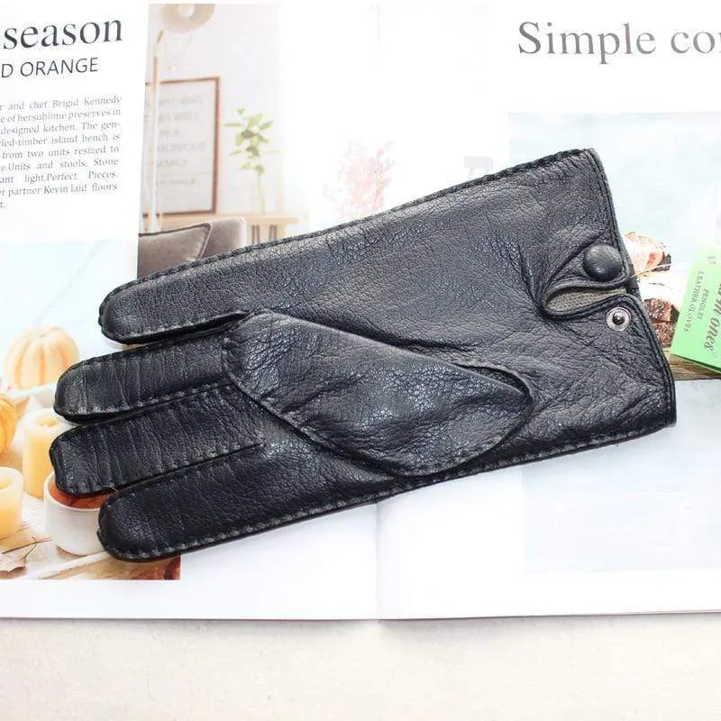 Men's Fashion Deerskin Gloves Colour Touch Screen Hand-Stitched Wool Lining Genuine Leather Gloves