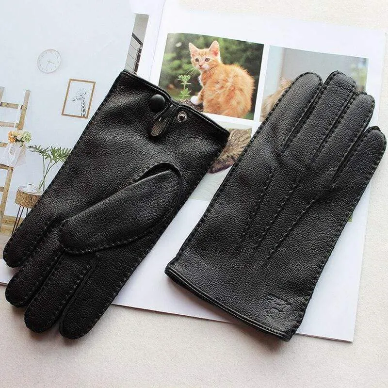 Men's Fashion Deerskin Gloves Colour Touch Screen Hand-Stitched Wool Lining Genuine Leather Gloves