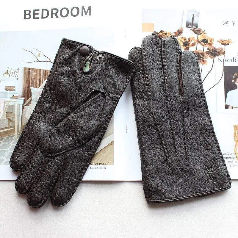 Men's Fashion Deerskin Gloves Colour Touch Screen Hand-Stitched Wool Lining Genuine Leather Gloves