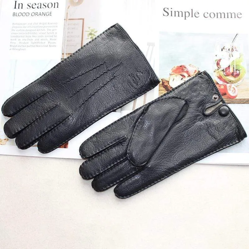 Men's Fashion Deerskin Gloves Colour Touch Screen Hand-Stitched Wool Lining Genuine Leather Gloves