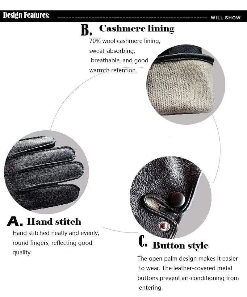 Men's Fashion Deerskin Gloves Colour Touch Screen Hand-Stitched Wool Lining Genuine Leather Gloves