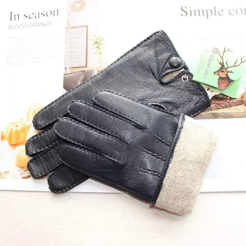 Men's Fashion Deerskin Gloves Colour Touch Screen Hand-Stitched Wool Lining Genuine Leather Gloves