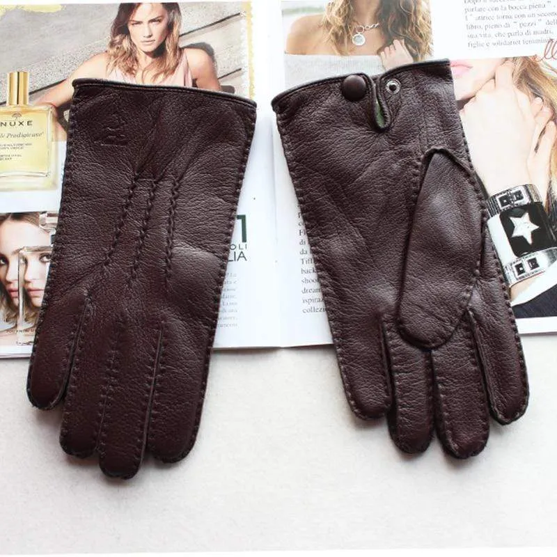 Men's Fashion Deerskin Gloves Colour Touch Screen Hand-Stitched Wool Lining Genuine Leather Gloves