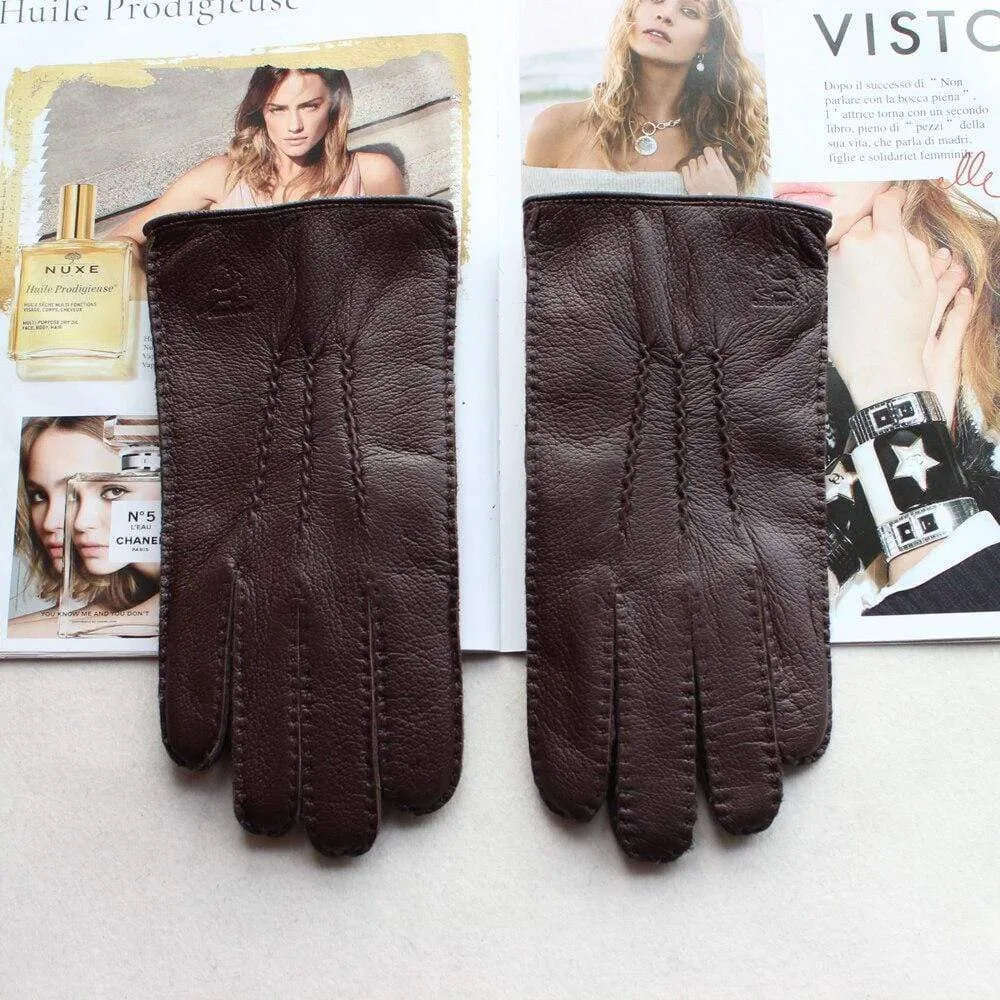 Men's Fashion Deerskin Gloves Colour Touch Screen Hand-Stitched Wool Lining Genuine Leather Gloves