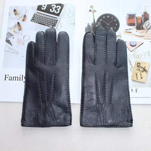 Men's Fashion Deerskin Gloves Colour Touch Screen Hand-Stitched Wool Lining Genuine Leather Gloves