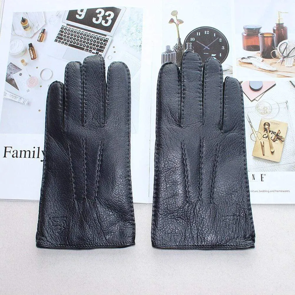 Men's Fashion Deerskin Gloves Colour Touch Screen Hand-Stitched Wool Lining Genuine Leather Gloves