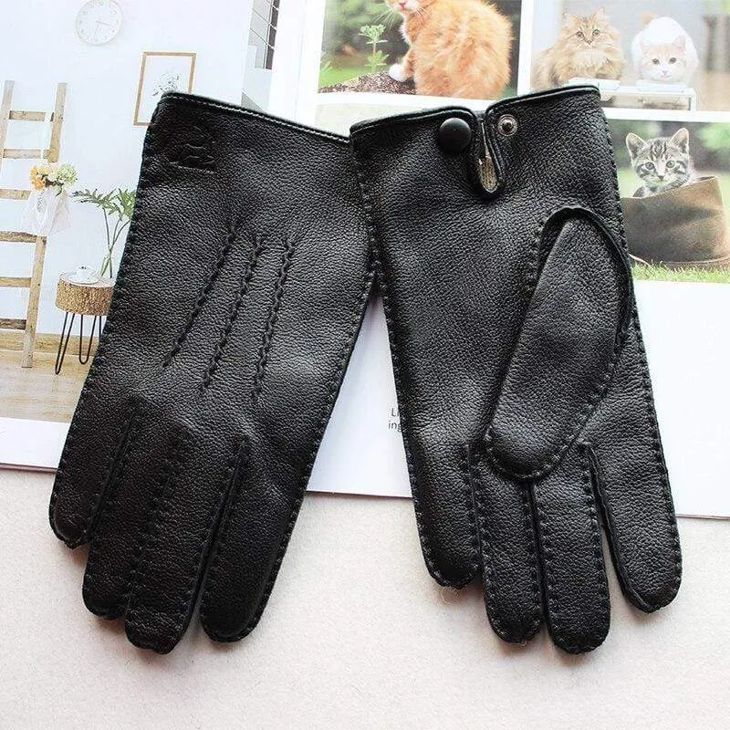 Men's Fashion Deerskin Gloves Colour Touch Screen Hand-Stitched Wool Lining Genuine Leather Gloves