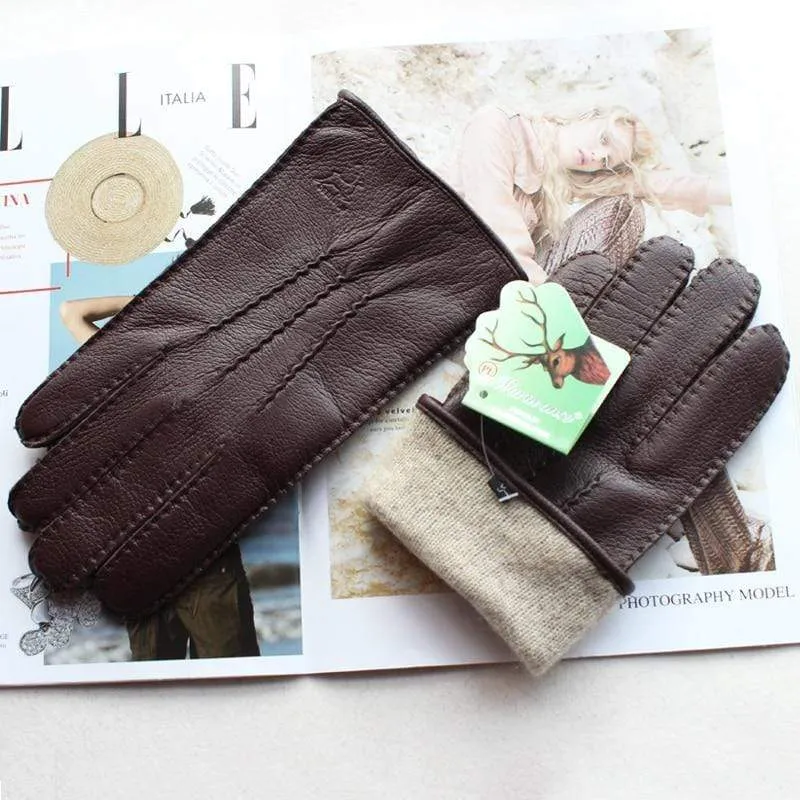 Men's Fashion Deerskin Gloves Colour Touch Screen Hand-Stitched Wool Lining Genuine Leather Gloves